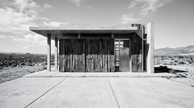 Modern brutalist facade architecture in the arid desert landscape