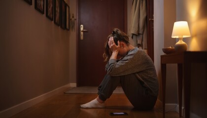 Fototapeta premium Woman Sitting on Floor in Entrance Hallway Feeling Anxious or Stressed at Home