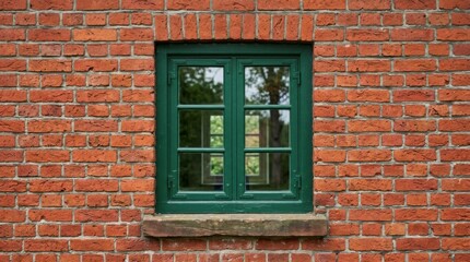 Fototapeta premium Green Window in a Red Brick Wall - A Detailed Architectural View.