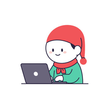 Cute cartoon elf working on a laptop, festive holiday spirit, remote work, Christmas concept