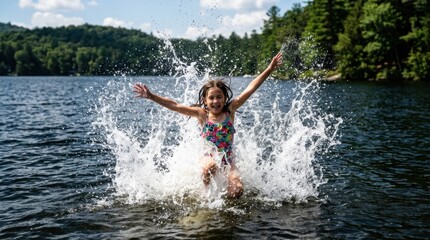 Fototapeta premium Joyful girl leaps into lake, creating a splash of water and pure happiness.