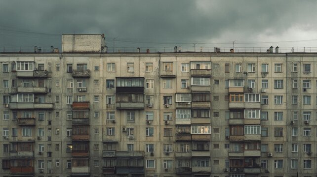 Urban soviet-era apartment facade in grayscale. Artificial intelligence image