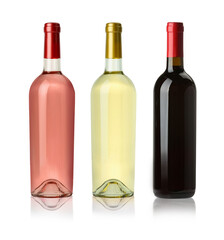 Obraz premium Rose, red and white wine in bottles on transparent background