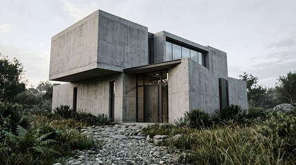 Fototapeta premium Modern Minimalist Concrete House Architecture in Lush Landscape