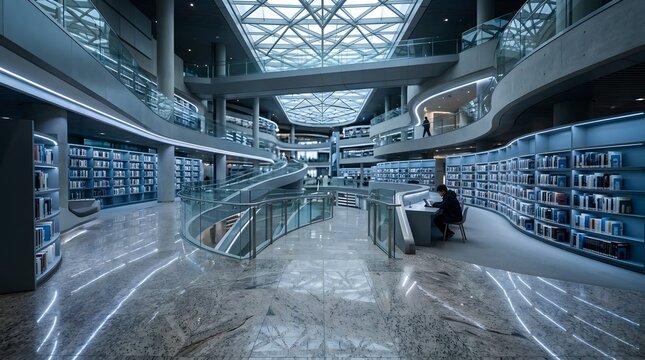 Modern library interior with atrium and study area