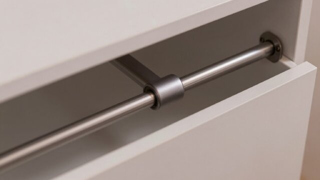 Close-up stainless steel grab bar attached white cabinet cylindrical shape smooth polished finish mounted roun