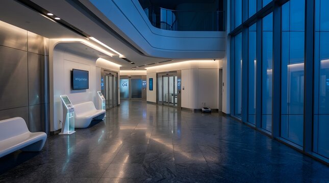 Modern minimalist commercial interior hall with elevators