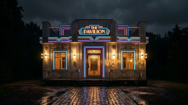 Neo-Noir Hotel Entrance with Neon Lights and Mystery