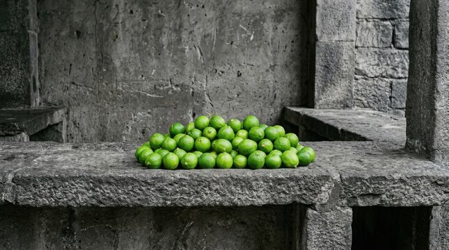 Pile of green apples on a stone surface against a textured background.