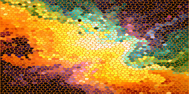 Vibrant abstract mosaic with a fiery spectrum of warm colors, evoking a sense of energy and creativity, with small hexagonal tiles forming a dynamic, glowing pattern.