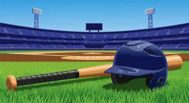 A stunning vector illustration of a baseball field with a helmet and bat, perfect for sports and game-related content