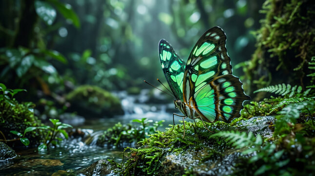 Rare malachite butterfly near tropical rainforest stream