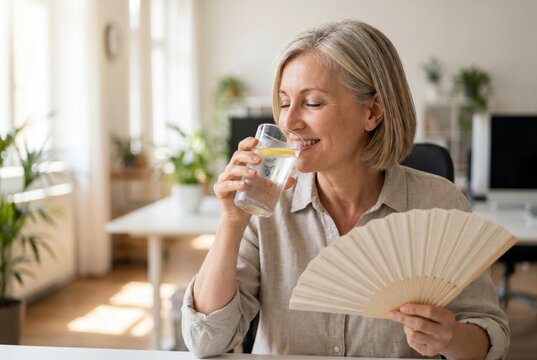 Smiling mature woman drinking water and cooling herself with hand fan in warm office