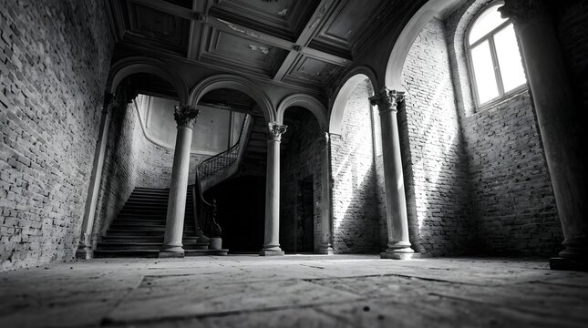 Abandoned Classical Interior Grand Staircase Hallway Perspective