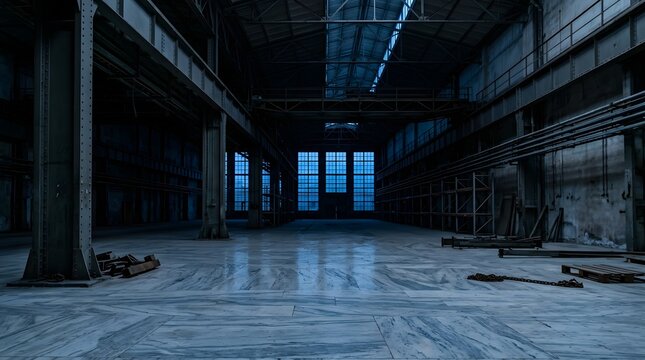 Abandoned factory interior with industrial concrete floor and light