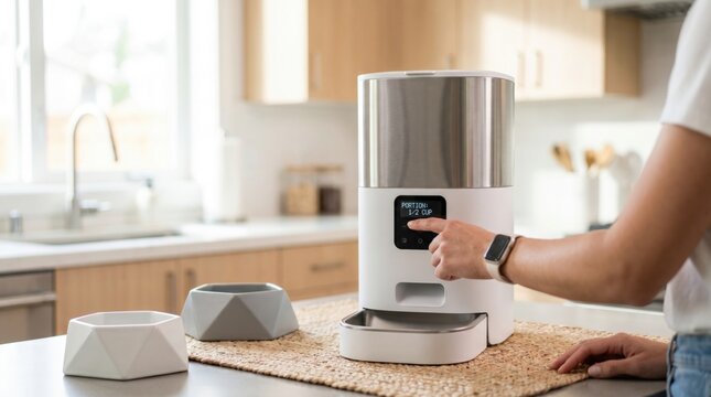 Woman programming portion size on smart automatic pet food dispenser in modern kitchen