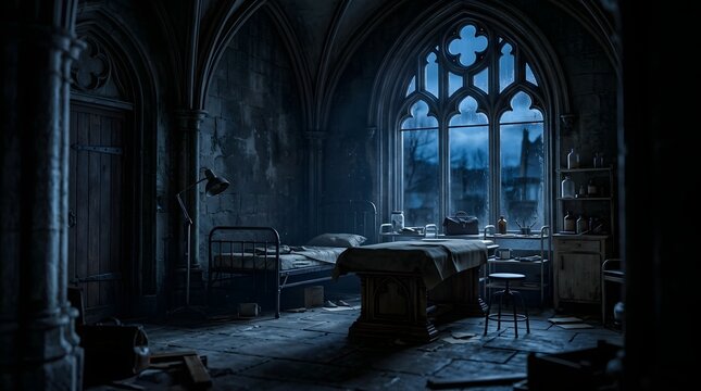 Abandoned hospital interior: eerie, spooky, gothic decay scene