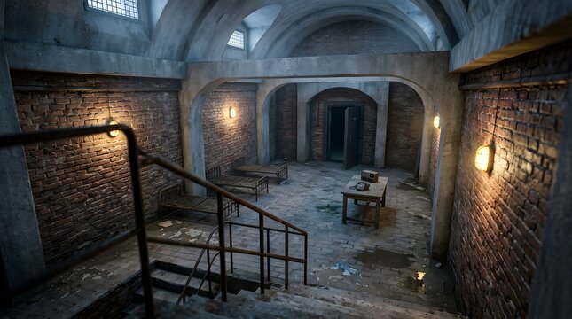 Abandoned industrial loft interior with brick walls and arches