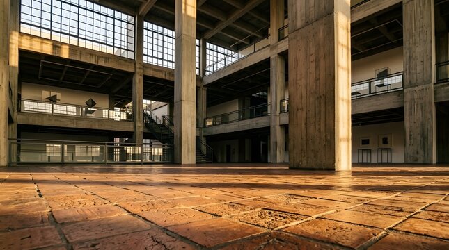 Empty industrial lobby space with dramatic natural light