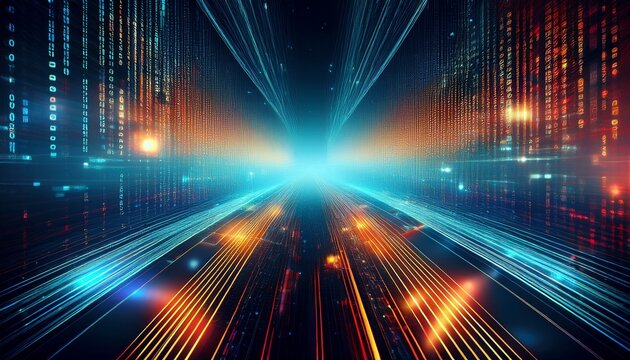 abstract technology background featuring binary code and digital stream data