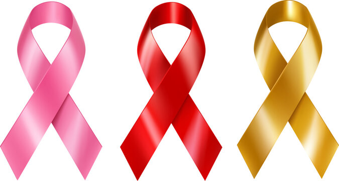 Glossy pink, red and gold awareness ribbons isolated on white for health and support campaigns