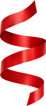 Long glossy red satin ribbon flowing in the air isolated on white background for decorative design.