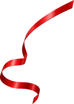 Glossy red curled ribbon floating on white background, decorative satin strip for festive design.