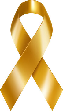 Glossy gold awareness ribbon isolated on white for childhood cancer and support campaigns.