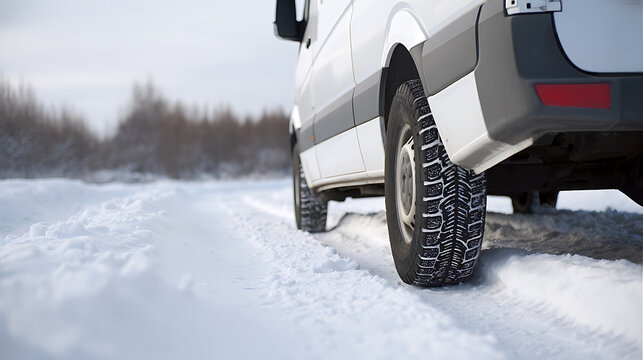 White Delivery Van with Studded Winter Tires Traverse Snowy Road on Cold Day, Durable Vehicle for Transport in Challenging Weather Conditions