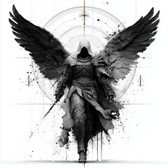Obraz premium Cinematic portrait of a dark gothic angel warrior with broken wings and glowing red eyes, standing in a mysterious foggy environment for fantasy concepts.