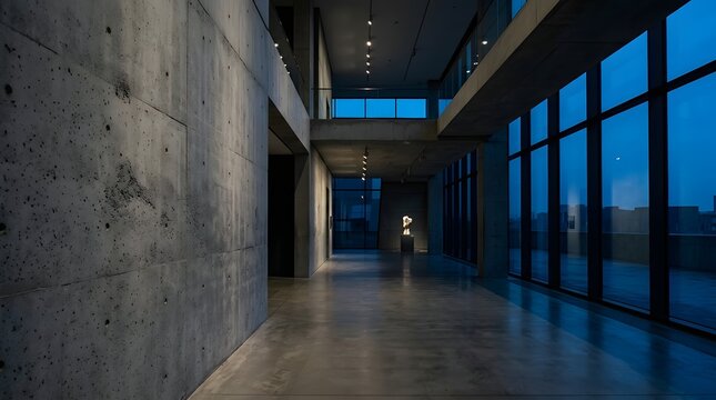 Modern architectural hallway with concrete walls and glass view