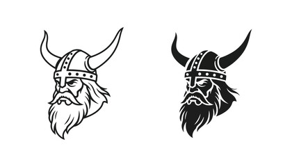 Fierce Viking warrior head with horned helmet and thick beard icon set in classic line art and solid black silhouette styles for historical fantasy gaming logos and Norse mythology apparel design © Velvet