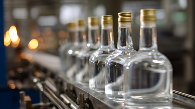 Clear glass bottles with golden caps move along a factory conveyor belt, showcasing precise industrial production and automated efficiency. Beverage manufacturing process