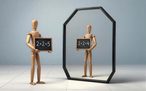 Wooden figure holds wrong math mirror shows correct answersymbolizing