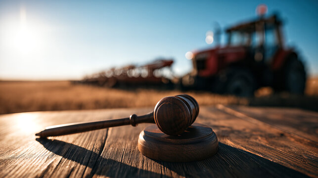 Gavel on Table, Red Tractor, Golden Field, Blue Sky, Agricultural Setting, Legal Element