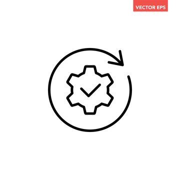 Black single round gear update confiremed line icon, simple cogwheel process flat design vector pictogram, infographic interface elements for app logo web button ui isolated on white background