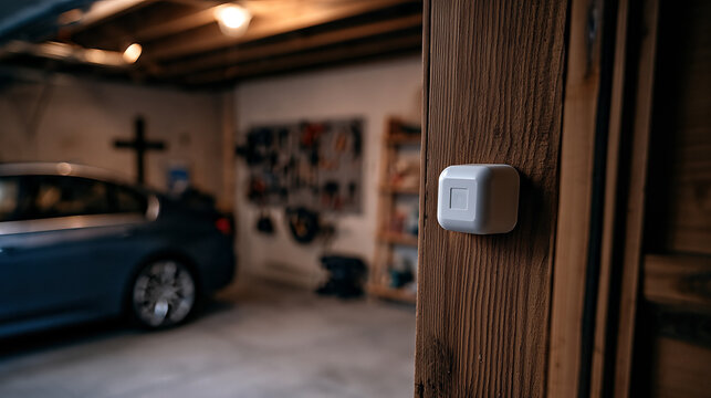 Garage interior with blue car, organized tools, and wooden shelving, viewed through a door frame sensor.