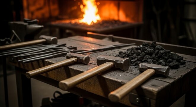 Blacksmith's Hammers Poised on a Rustic Bench Before the Forge Fire