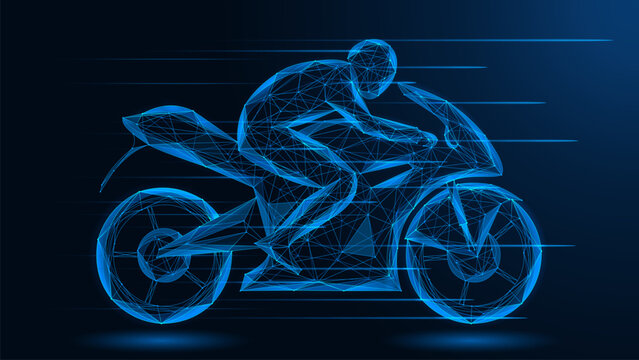 Digital speed, a sports bike with a racer. The concept of innovative transport, artificial intelligence, digital mobility, esports, virtual technologies and acceleration of the future.