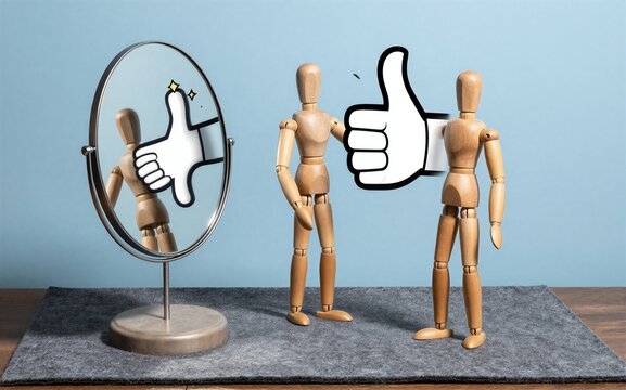 Wooden figure gives thumbs up mirror reflects its approval.