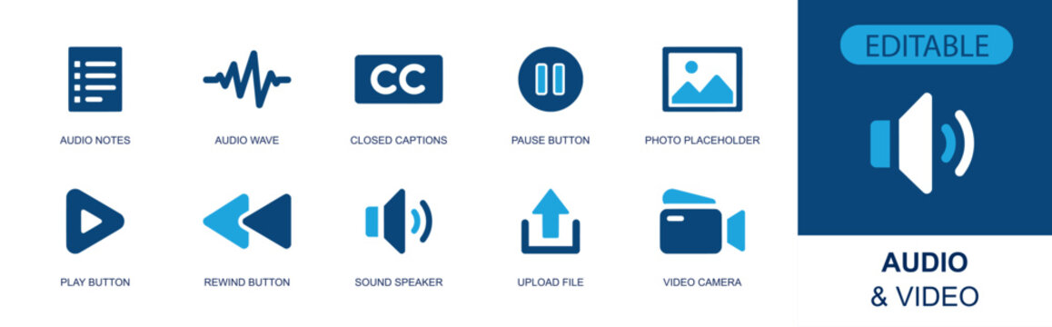 Audio and video icon set. Containing audio notes, audio wave, closed captions, pause button, play button, rewind button, speaker, upload file, camera and more. Solid fill vector icons.