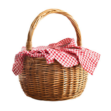 Wicker picnic basket with red and white checkered tablecloth, transparent background