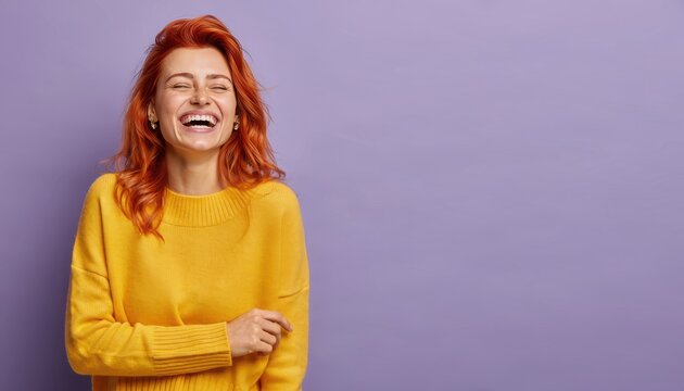 Happy Woman with Red Hair Laughing Brightly in Yellow Sweater against Purple Background