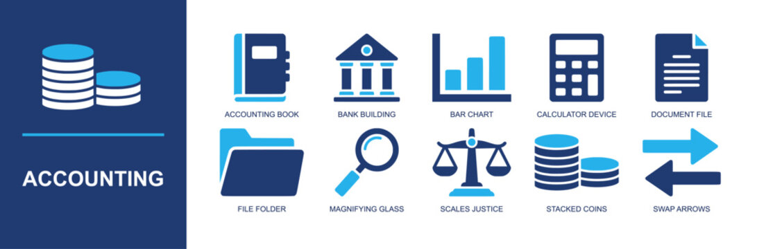 Accounting and finance icon set. Containing book, bank building, bar chart, calculator, document, file folder, audit search, justice scales, stacked coins and more. Solid fill vector icons.