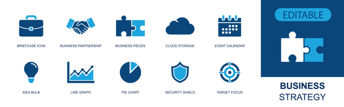 Business strategy icon set. Containing briefcase, partnership, puzzle pieces, cloud storage, event calendar, idea bulb, line graph, pie chart, target focus and more. Solid fill vector icons.