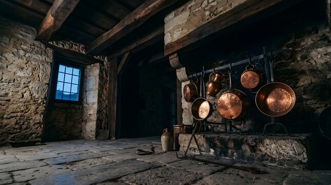 Rustic stone interior architecture with antique pots and moody light