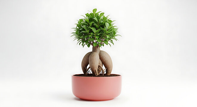 Elegant Ficus microcarpa bonsai tree with bulbous roots in a pink ceramic pot isolated on a white background ideal for modern home decor and minimalist interior design