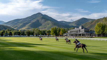 Obraz premium Polo players galloping across a perfectly manicured green field during a professional match, a luxurious clubhouse and scenic mountains framing the upscale equestrian sport event