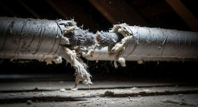 Closeup of deteriorating asbestos pipe insulation in a dark attic with hazardous frayed fibers and dust illustrating high exposure risks and need for professional