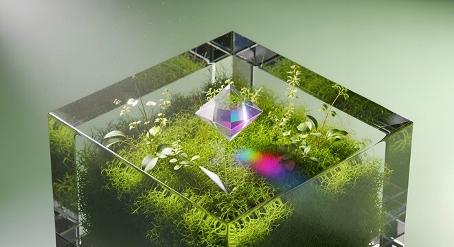 Futuristic Eco Cube Sustainable Environment
Miniature Green Ecosystem in Transparent Cube
Sustainable Nature Technology Concept
Modern Environmental Innovation Illustration
Glass Cube with Eco Friendl